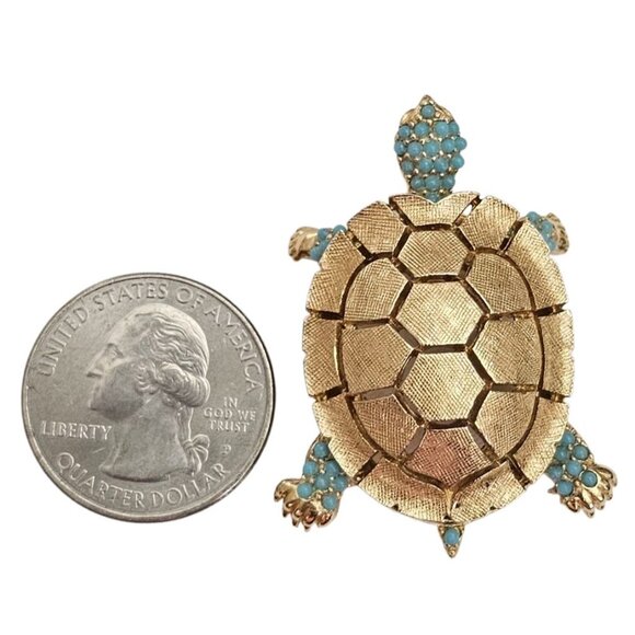 Ciner Turtle Brooch Blue Ballotini  Gold Tone Textured Pin Signed, J63 - Picture 7 of 8